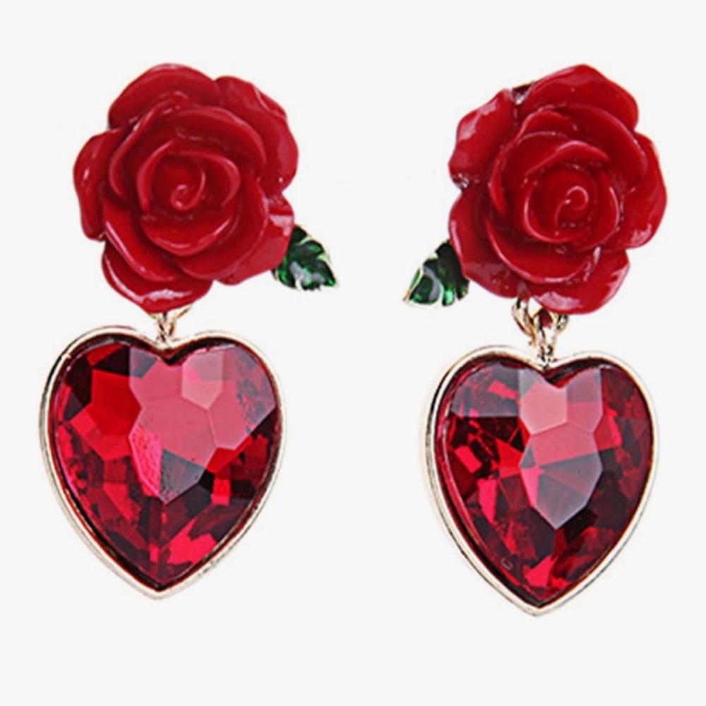 Red Rose Heart Earrings Crystal Drop Earrings Lab Ruby